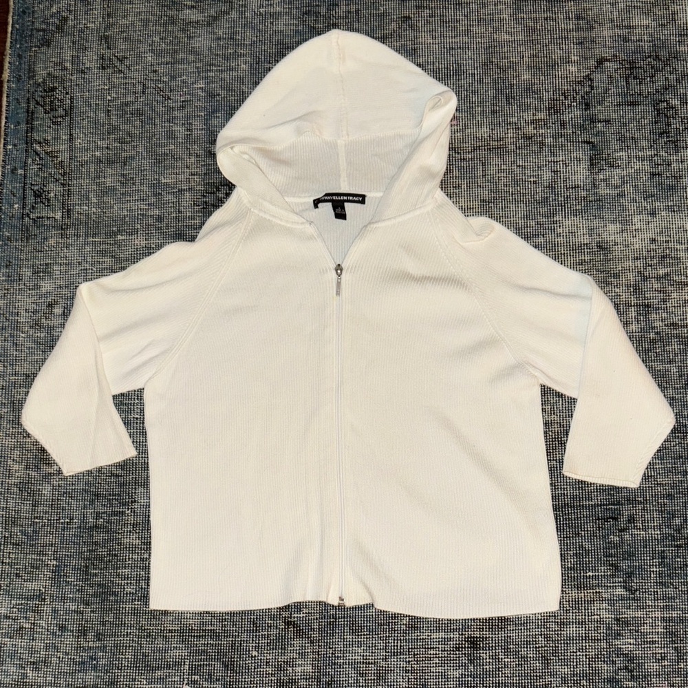 Ellen Tracy White Hooded Zip-Up Ribbed Sweater